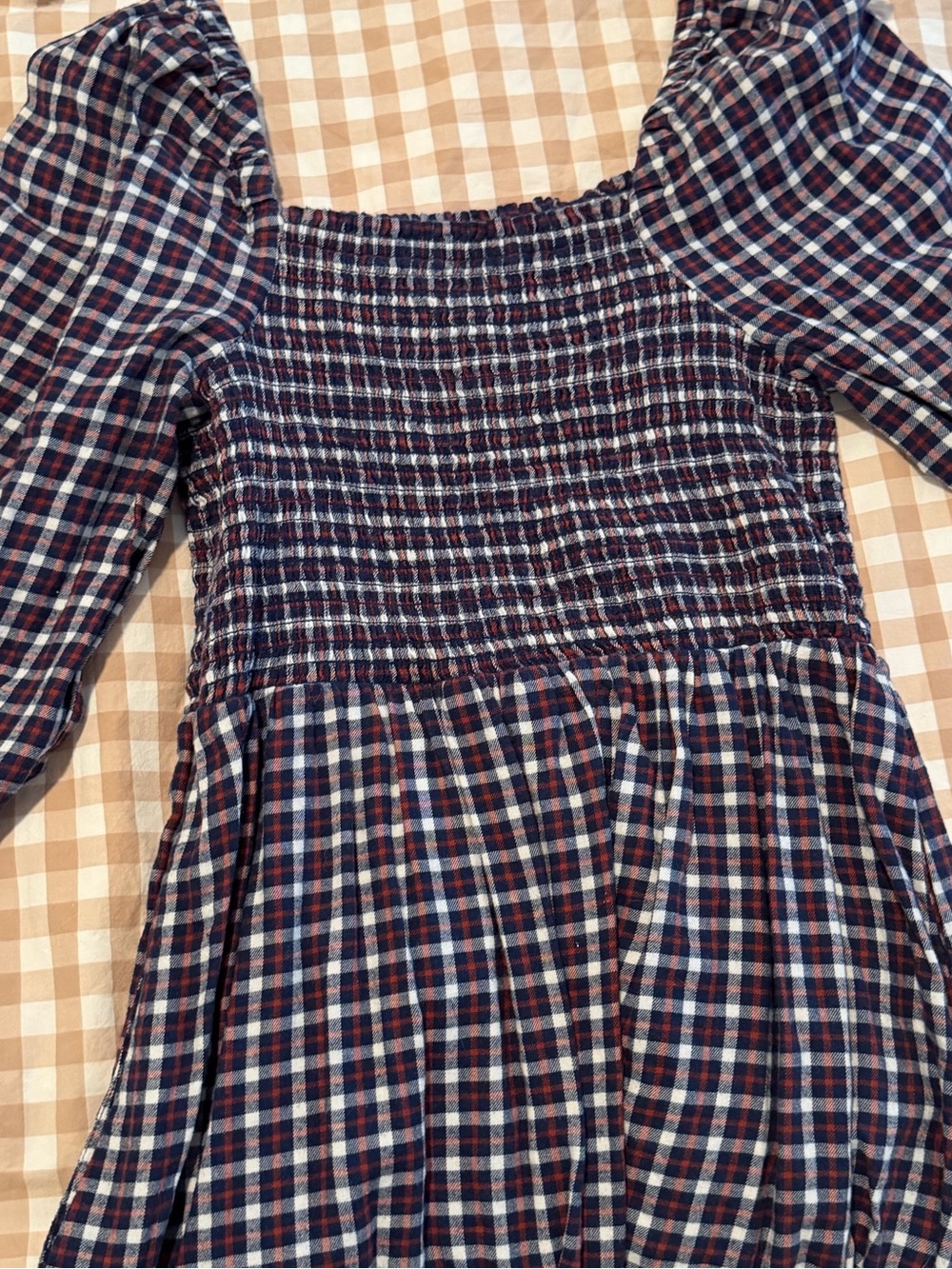 Plaid Smocked Bodice Long Sleeve Midi Dress